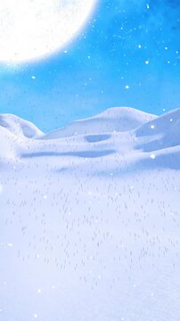 Animation of snow falling over full moon in winter scenery background
