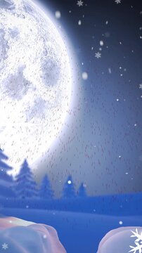 Animation of snow falling over full moon in winter scenery background