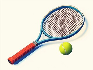 A blue tennis racket with red grip lies next to a bright yellow tennis ball casting soft shadows on a light surface