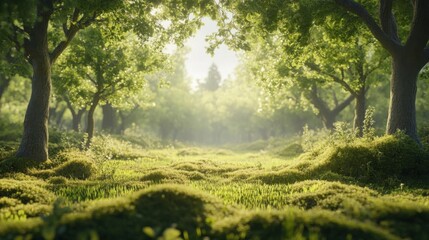 Fototapeta premium walk through summer trees on beautiful meadow and sunlight, serene landscape