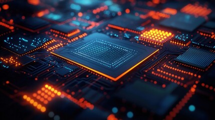 Obraz premium Close-up view of a futuristic glowing electronic circuit board with microchips and illuminated pathways in blue and orange colors