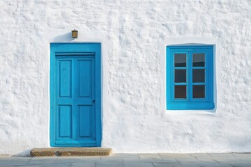 White stucco wall with bright blue wooden door and window reflecting sunlight, simple Mediterranean style architecture conveying calmness and charm