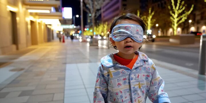 Young chinese boy is sleepwalking on city street in pajamas at night