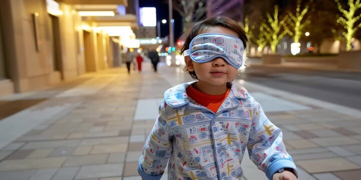 Young chinese boy is sleepwalking on city street in pajamas at night