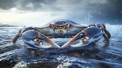 Crab Stands on Sea Waves with Coastal Landscape and Seaside Scenery
