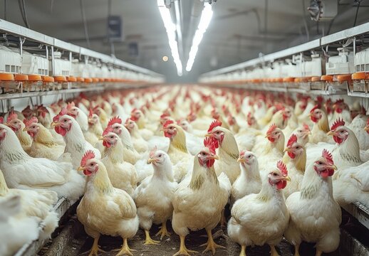 Large indoor poultry farm densely populated with white chickens under artificial lighting