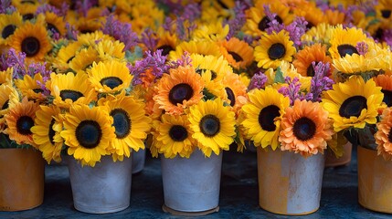 Display of sunflowers and other flowers in pots
