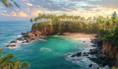 Secluded tropical beach cove with turquoise waters, surrounded by tall palm trees and rocky cliffs under a dramatic cloudy sky at sunset