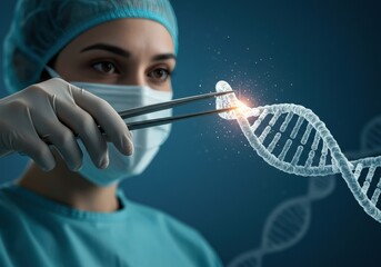 A surgeon carefully holds a DNA strand, symbolizing genetic research and medical advancements.
