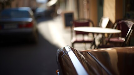 Obraz premium Closeup of a vintage cars fender on a sundappled city street