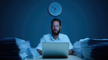 Man working late at night with paperwork and laptop in dark office environment