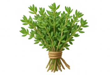 Freshly harvested thyme bunch, tied with twine, isolated on a transparent background, ready for culinary use