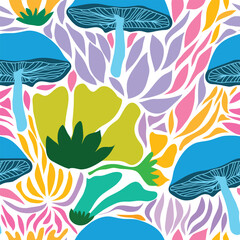 Abstract seamless pattern with pastel mushrooms and leaves. Soft, whimsical forest-inspired design ideal for textiles, wallpapers, wrapping paper, and dreamy, nature-themed creative projects.