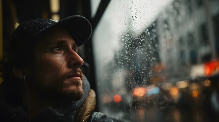 Pensive man looking out a rainy city bus window