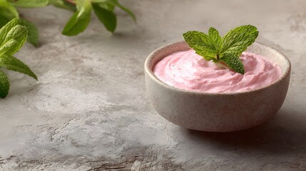 Pink yogurt dip in a bowl, garnished with fresh mint