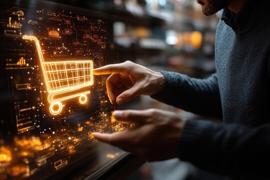 Person interacting with a futuristic digital shopping cart hologram interface in a dimly lit environment, symbolizing online shopping and technology