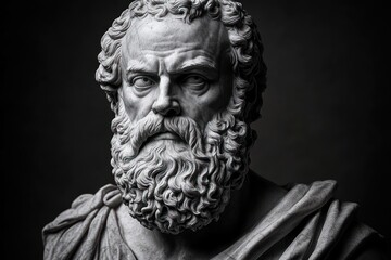 close-up of an ancient marble bust of a bearded man with curly hair and intense expression against a dark background