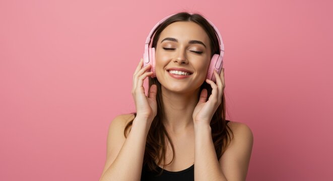 Content young woman immersed in her favorite tunes with pink headphones enjoying a moment of pure listening pleasure and relaxation