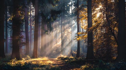 Sunlight streams through a misty autumn forest