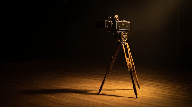A vintage movie camera on a tripod is lit by a dramatic spotlight on a wooden floor