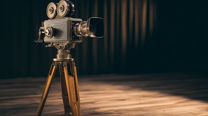 A vintage cinema camera stands on a wooden floor with curtains