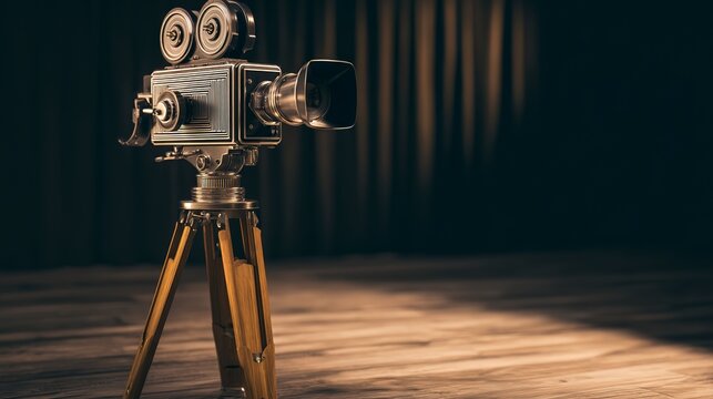 A vintage cinema camera stands on a wooden floor with curtains - Powered by Adobe