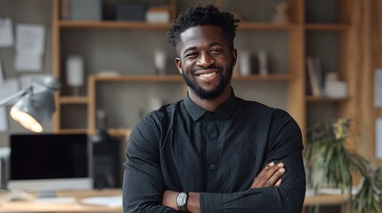 portrait and smile of business black man in office for development or job opportunity