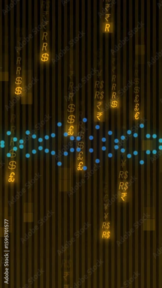 Poster animation of data processing over moving columns on black background