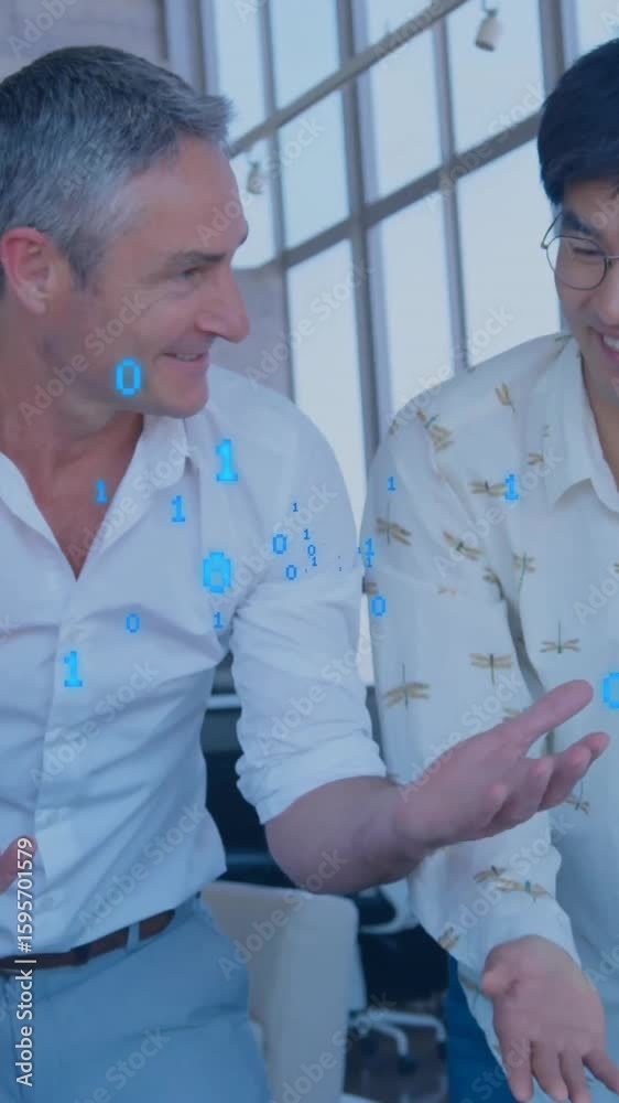Poster animation of binary coding data processing over diverse business people in office