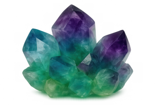 Cluster of vibrant, multicolored crystals creating an exquisite natural formation on a transparent background