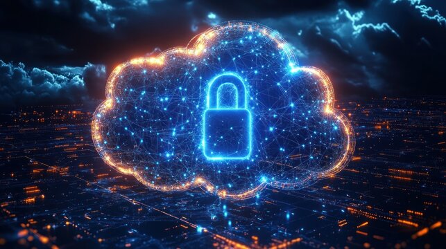 Glowing digital cloud with a padlock symbolizing secure cloud computing and data protection over a futuristic cityscape at night
