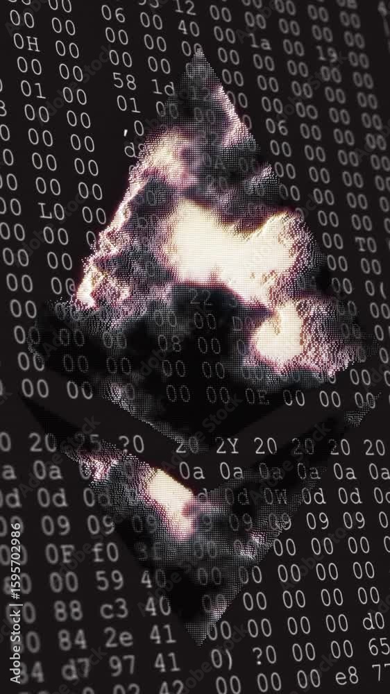 Poster binary code and data processing animation over abstract shape
