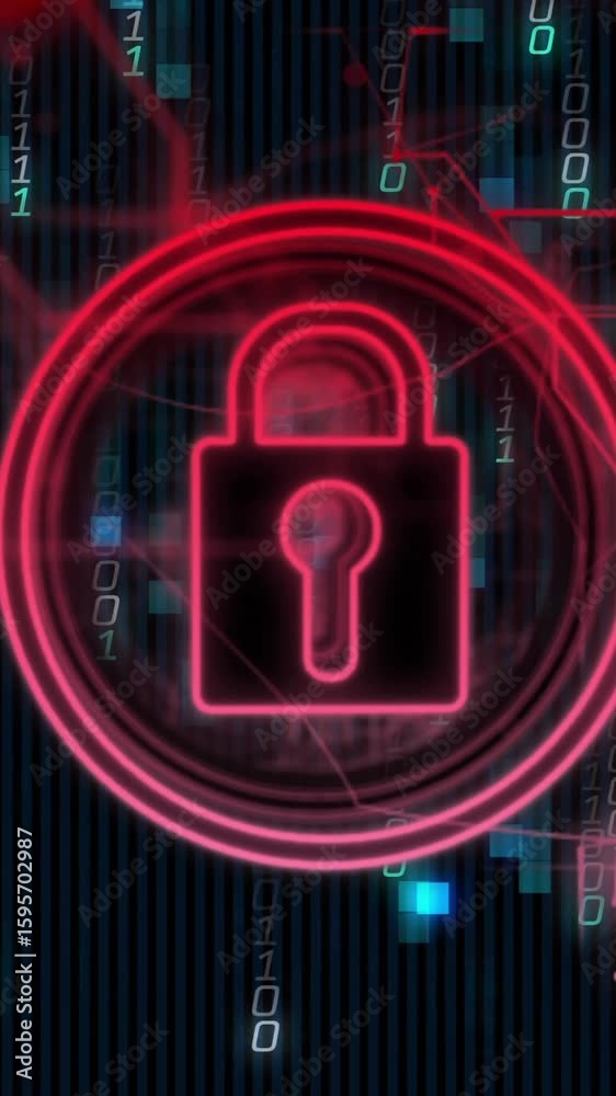 Poster Lock icon and binary code, cybersecurity animation over digital background