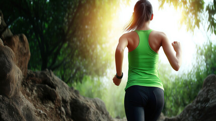 Woman jogging on a forest trail during the early morning hours with sunlight