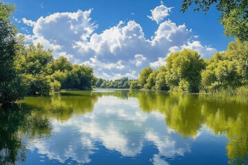 Serene river surrounded by lush green trees under a bright blue sky filled with large fluffy white clouds reflecting on calm water