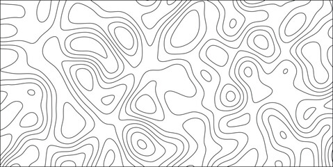Abstract topographic map contour lines representing elevation with a seamless repeating pattern in black and white for various design uses.