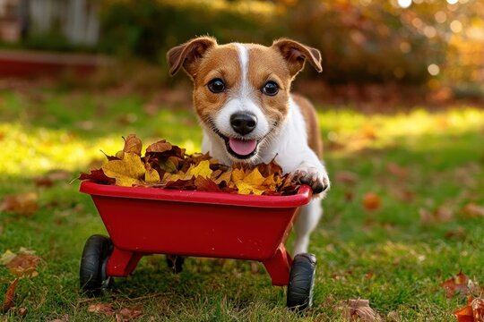 small dog pushing red wheelbarrow filled with yellow and brown autumn leaves on green grass outdoors during fall