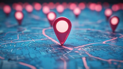 Bright pink location markers highlighting multiple points on a detailed blue city map conveying navigation and connectivity