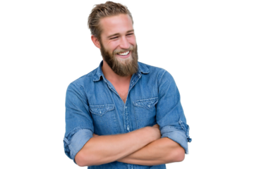 Smiling bearded man with arms crossed, posing confidently on a transparent background, silhouette