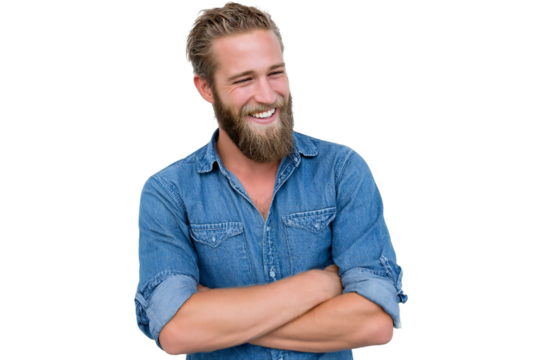 Smiling bearded man with arms crossed, posing confidently on a transparent background, silhouette