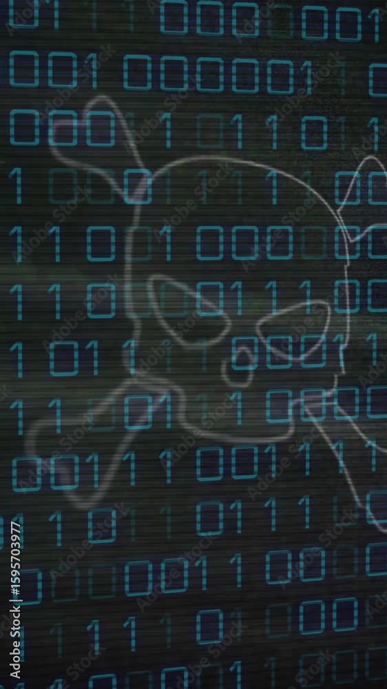Poster binary code and skull with crossbones animation over digital background