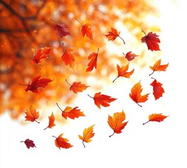 A collection of vibrant orange and red autumn leaves swirling against a blurred background of fall foliage with warm sunlight filtering through