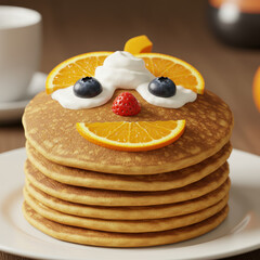 Happy stack of pancakes with smiling fruit face. Creative breakfast food for kids includes whipped cream, blueberry eye, and an orange slice smile for fun, cheerful meal