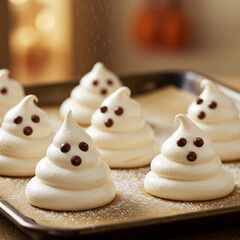 Cute spooky ghost meringue cookies for sweet halloween treat. Homemade chocolate chip dessert on baking paper, fun whimsical food for any festive autumn party