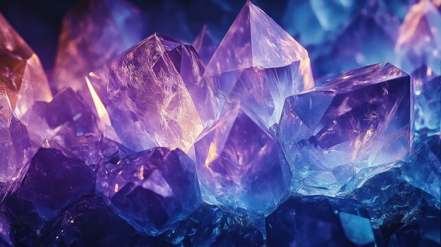 Close-up view of translucent purple and blue crystals glowing with soft light, showcasing their sharp geometric shapes and intricate textures in a mysterious ambiance
