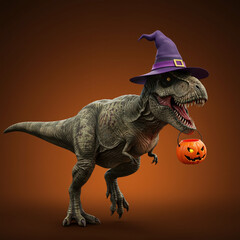 Funny yet scary tyrannosaurus dinosaur in halloween costume. ferocious creature wears purple witch hat and holds pumpkin for trick or treat celebration
