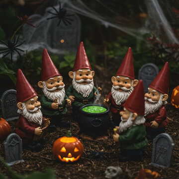 Mischievous group of garden gnomes plotting spooky Halloween prank. They gather in dark around bubbling cauldron, their faces showing sinister delight
