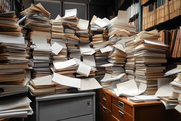 Obraz premium Overwhelming clutter of tall stacks of scattered papers and files covering desks and shelves in a dimly lit room, evoking a sense of disorganization and chaos