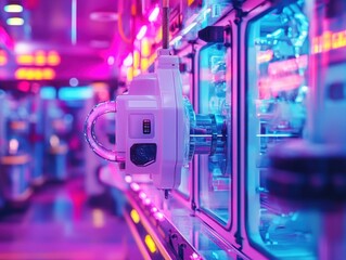 Close-up of a white claw machine handle and mechanism with vibrant pink and blue neon lighting in an arcade setting, evoking excitement and fun