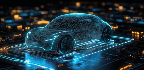 Futuristic glowing digital car model embedded on a neon-lit circuit board symbolizing advanced automotive technology and innovation